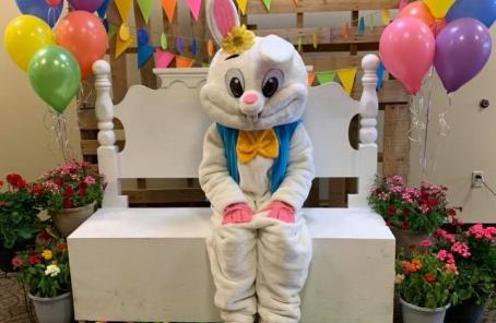 Easter bunny sitting on bench.