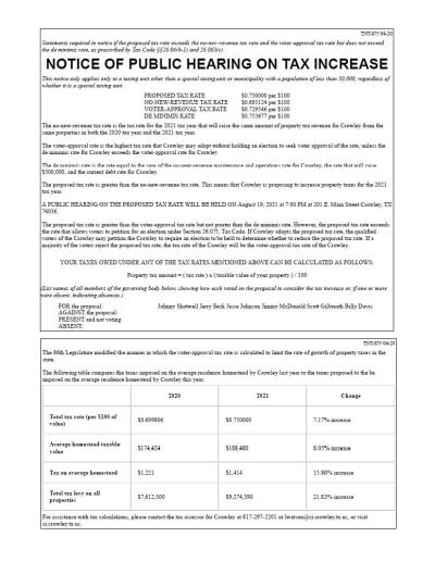 Notice of Public Hearing on 2021 Tax Rate