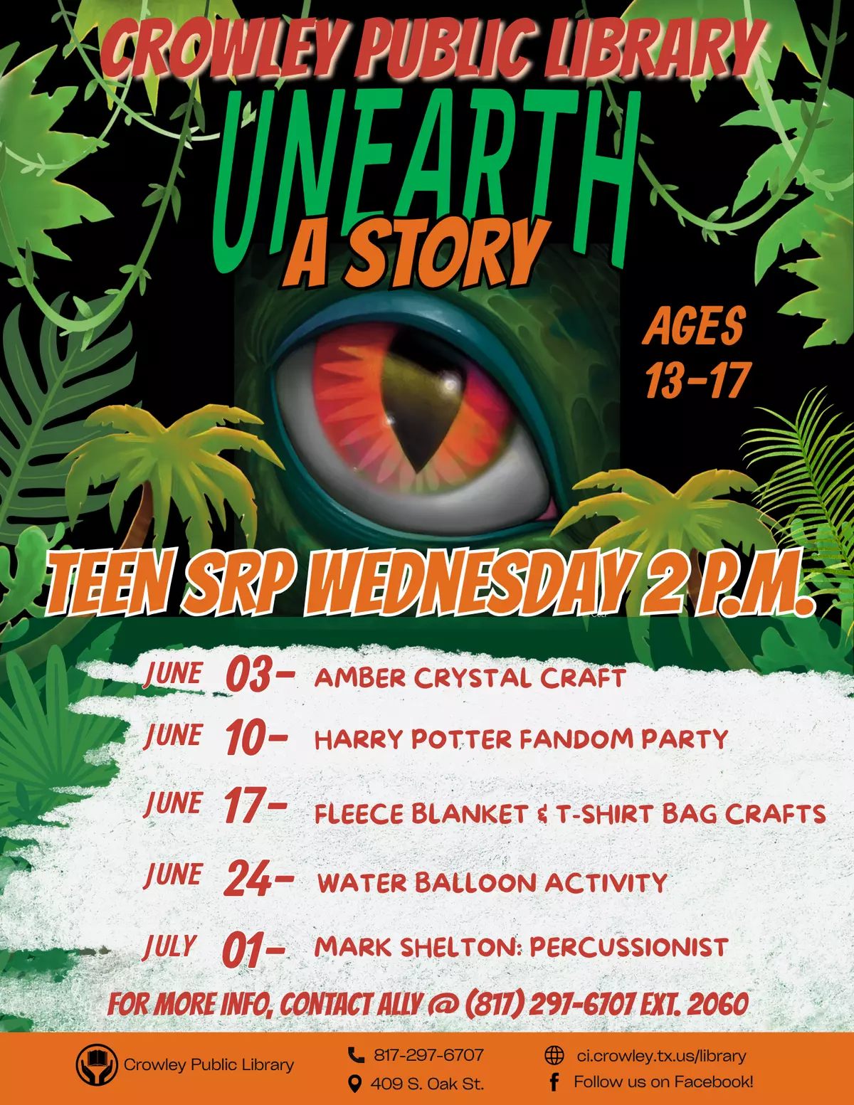 A decorative flyer showcasing the schedule for the 2026 Teen Summer Reading Program.